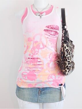 Justice Pink & White Peace Sign Sequin Tank Top